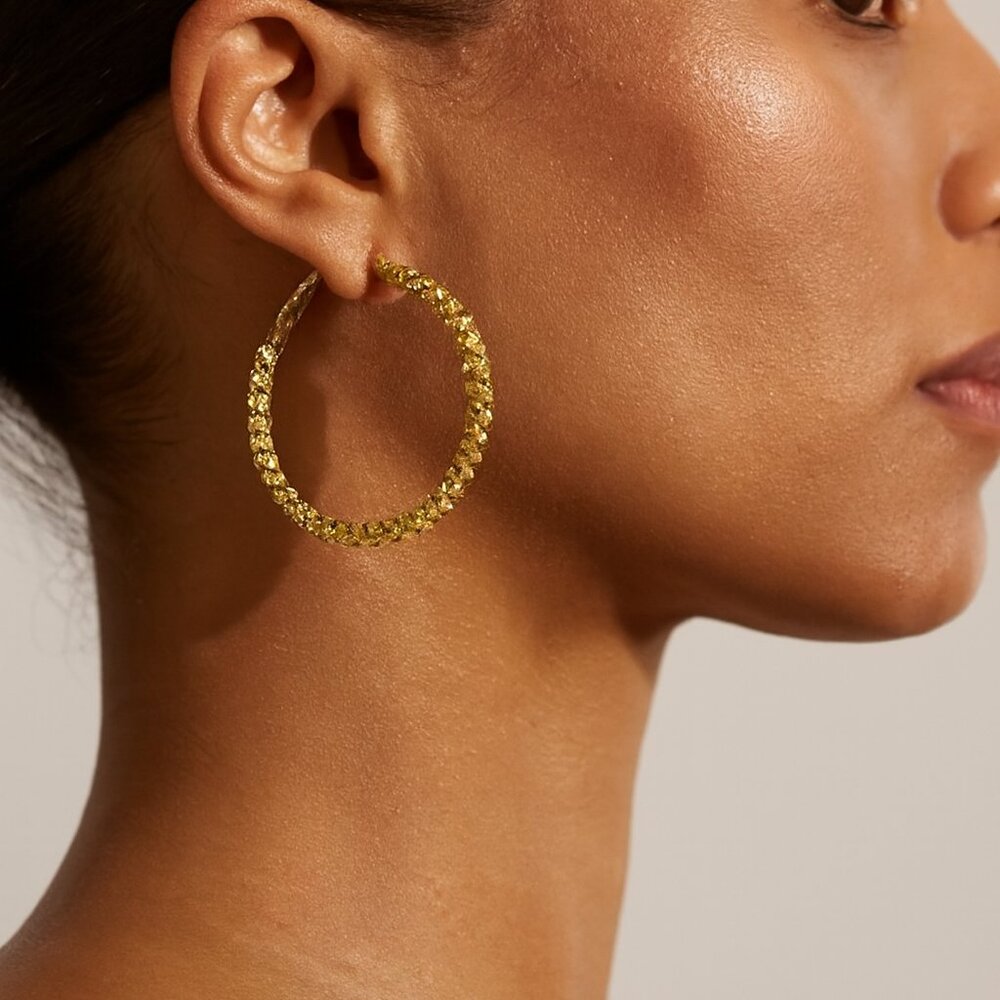 Gold Tone Textured Hoop Earrings Classic Round  2" Drop  New